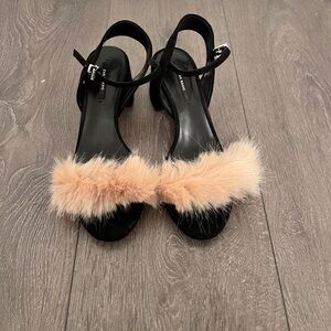 Zara Faux Fur Strap Black Sandals with Blush Fur